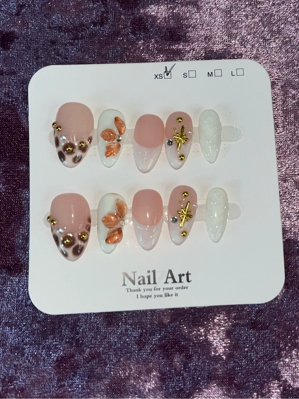 Press-On Nail Set with Pink, White & Gold Accents